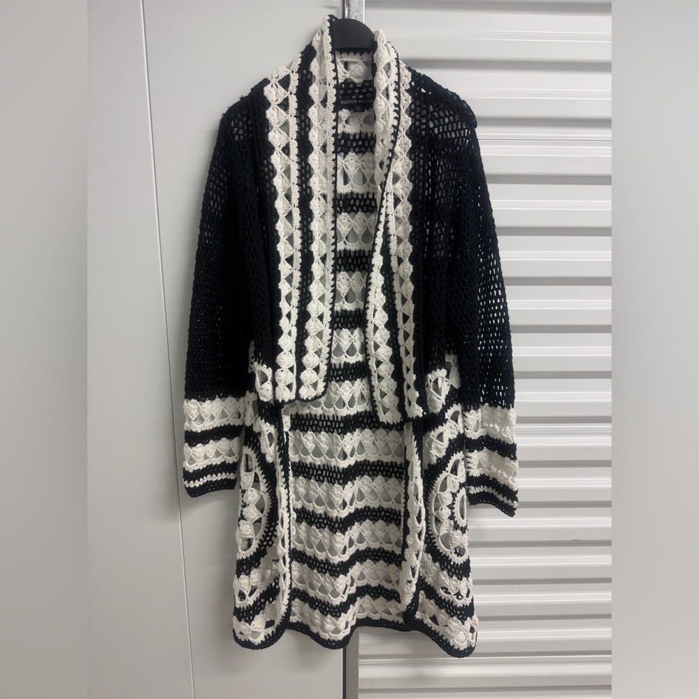Boston Proper Black and White Crochet Cardigan